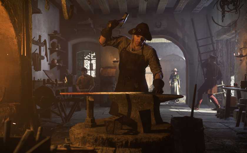 Henry hammering a longsword in a forge while activity bustles behind him.